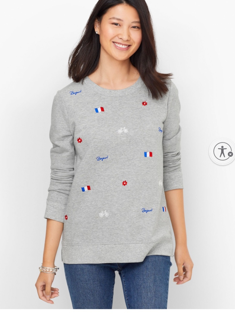 Talbots Womens Embroidered French Icons Bonjour Sweatshirt Heathered Gray Medium